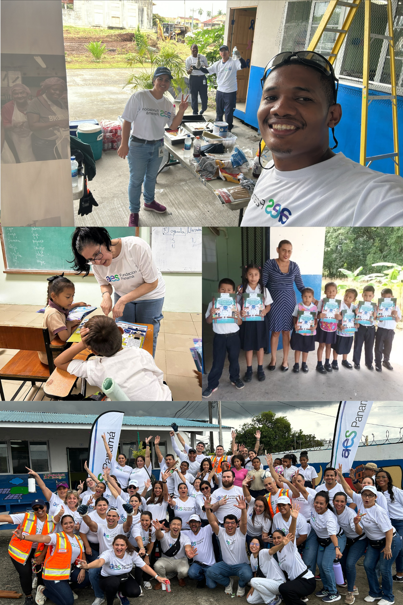 A collage of images showcasing AES Panamá's Values Day 2024 activities. Volunteers paint and repair a building, teach children in a classroom, and distribute educational materials. Another image features children proudly holding books, and a group photo highlights smiling participants wearing AES Panamá shirts, celebrating together outdoors near company banners.